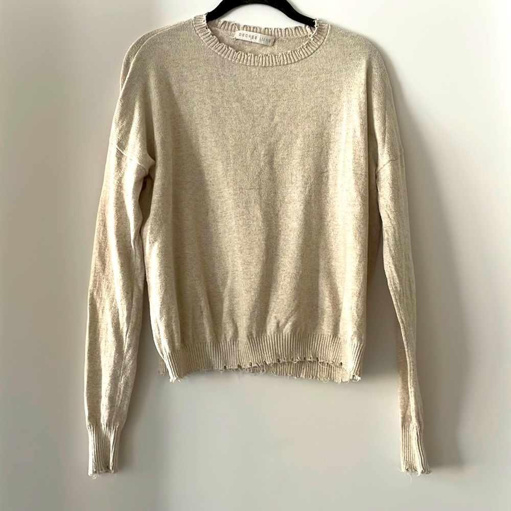 Shop Mixology beige long sleeve sweater with frayed edges